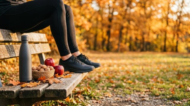 Person in activewear resting on a park bench with autumn foliage apples nuts and water bottle