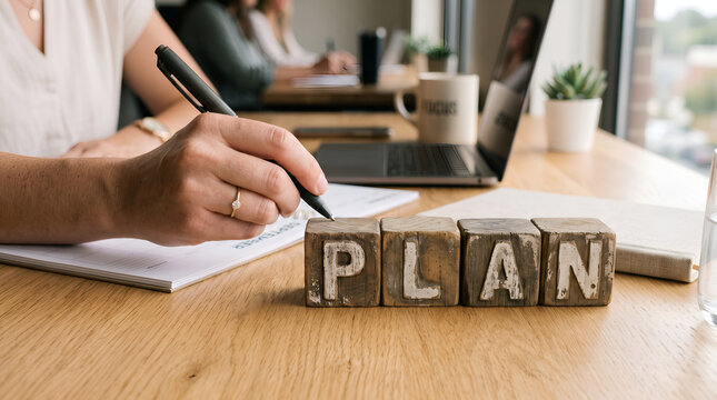 Wooden blocks spelling PLAN with hand writing in business planner