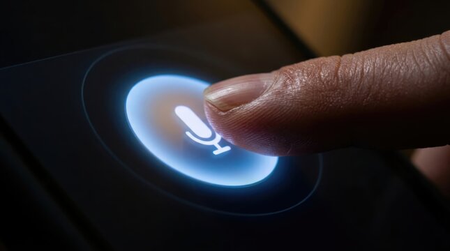 Finger touching glowing microphone button on a modern digital screen. Activating voice recognition for handsfree communication. AI automation, chatbot, digital assistant AI automation digital.