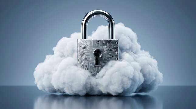 Secure cloud computing concept with metal padlock symbol on fluffy cloud, representing data safety and protection for digital services and online storage.