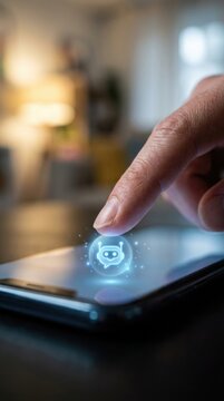 Finger touching a glowing chatbot icon on a modern smartphone screen. Interacting with smart digital technology for daily tasks. AI automation, chatbot, digital assistant AI automation.