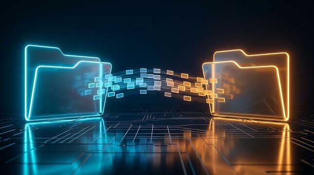 Digital data transfer between two glowing folder icons, representing file sharing, information exchange, and network connectivity in technology.