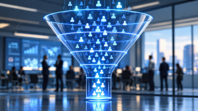 sales funnel illustration, lead generation strategy with customer profiles flowing through a digital marketing pipeline toward qualified prospects and conversions