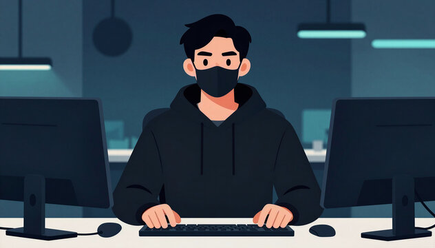 Young hacker working on computers at night