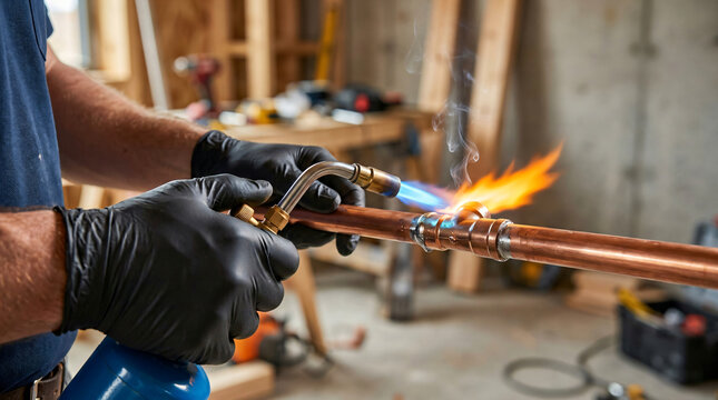 professional plumber soldering copper pipes | hands using gas blowtorch for plumbing repair | industrial copper pipe installation with welding torch | residential plumbing services