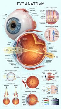 Detailed medical illustration showing human eye anatomy with labeled parts including the retina cornea lens and complex visual pathway systems