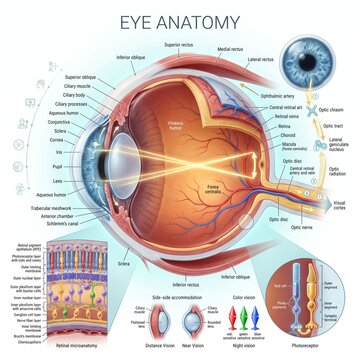 Detailed anatomical diagram of the human eye showing internal structures like retina cornea lens and optic nerve with light paths