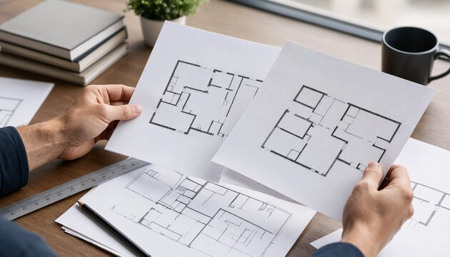 Architect examining house blueprints at office desk with floor plan construction design house plans technical drawing housing project building design real estate blueprint design