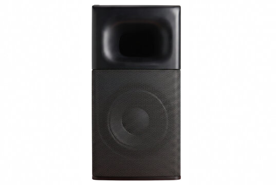 Modern audio speaker featuring a metal mesh grille and bass reflex port design