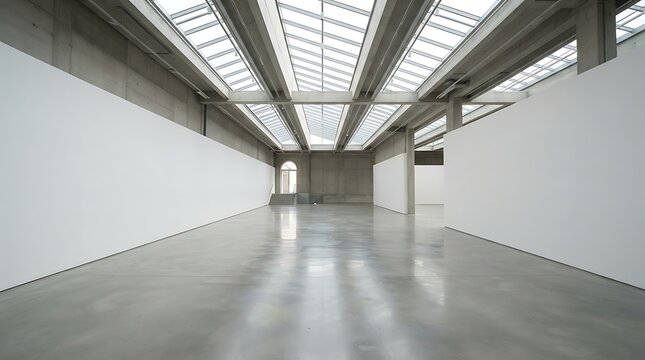 Empty modern art gallery interior with white walls and industrial concrete ceiling with skylights