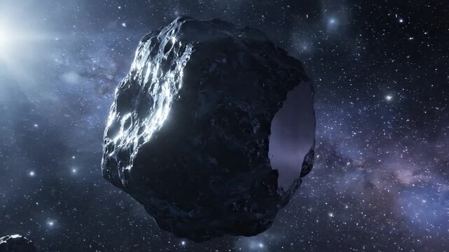 Hematite asteroid with metallic luster tumbling through the deep dark space amidst distant stars and nebulas.