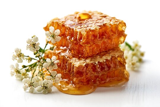 Two stacked pieces of fresh honeycomb with white flowers isolated on white background