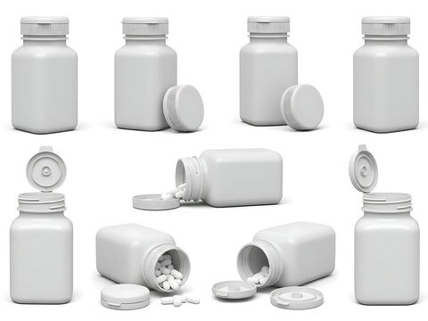 Monochrome pill containers with open caps and scattered medication capsules pills empty
