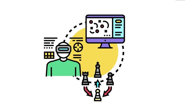 Person wearing virtual reality headset planning military strategy and tactical operations using computer screen simulation and chess pieces concepts