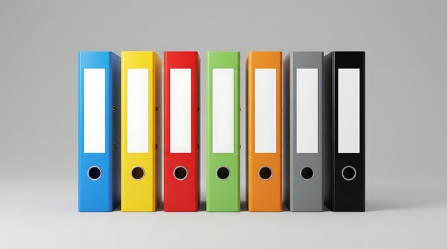 Set of six colorful ring binders on white background, office organization and document filing supplies.