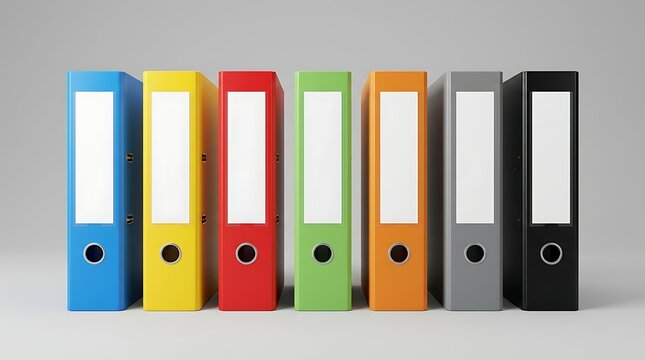 Set of six colorful ring binders on white background, office organization and document filing supplies.