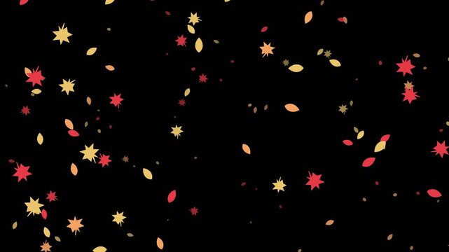 Autumn foliage leaves flat graphic shapes drifting downward with warm red orange yellow tones for seasonal video overlay