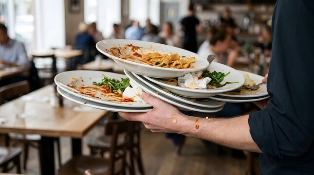 Waiter balancing plates of gourmet food in a busy restaurant setting