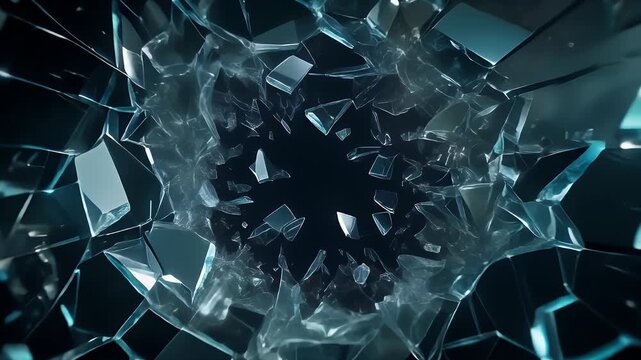 A dark, abstract background featuring a vortex of sharp, shattered glass shards with blue and white highlights.