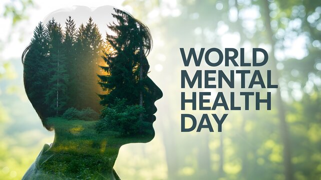 Double exposure silhouette of a human head with forest trees for world mental health day awareness concept