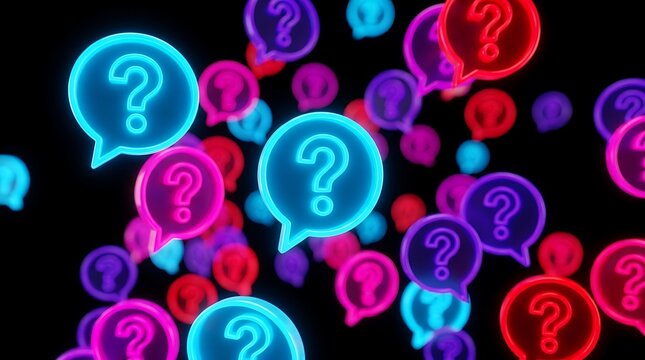 Scattered neon glowing question mark symbols in speech bubbles with vibrant blue pink and red colors on black background abstract concept.