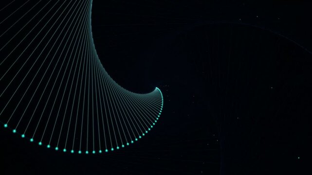 Abstract cyan light rays spiraling through dark space creating cinematic geometric patterns perfect for technology and digital motion.