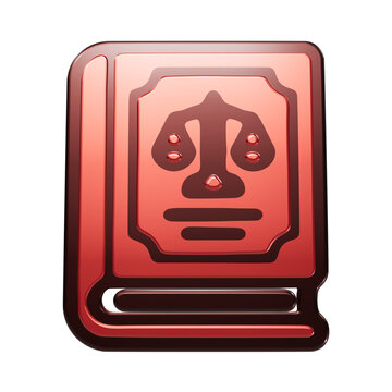Red metallic book icon with scales of justice symbol on the cover representing law, legal studies, and judicial knowledge isolated on a transparent background