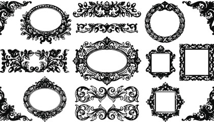 Fototapeta premium Vintagesque decorative frames featuring ornate floral flourishes, intricate scrollwork, and classical borders are displayed in a clean collection on a solid white surface for design use.