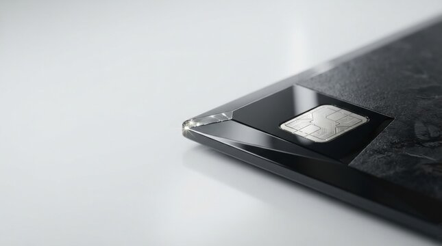 Black credit card with a metallic chip on a bright white background