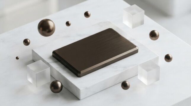 Black rectangular product display stand with floating dark pearls