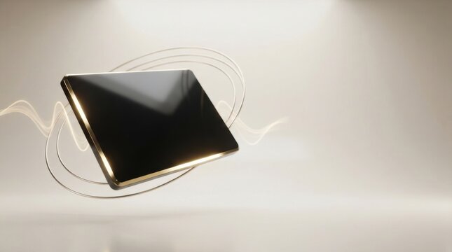Modern black tablet device floating with abstract glowing light lines