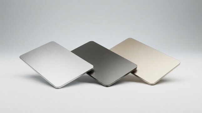 Three blank metal plates in silver grey and gold colors