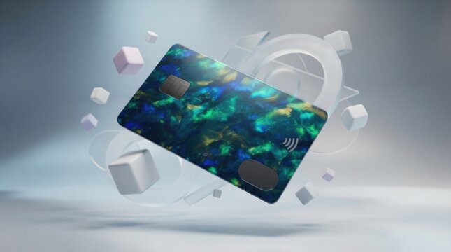 Modern credit card with holographic texture floating with 3d cubes