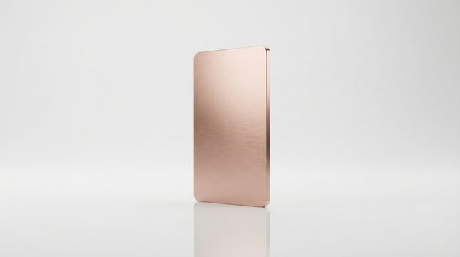 Blank rose gold metal card standing on a clean white background