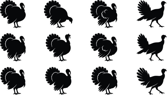 A collection of vintage black turkey silhouettes displayed in a variety of different poses against a simple white backdrop