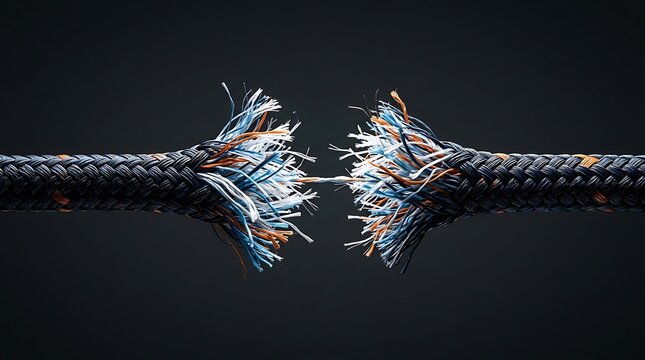 Severed rope with frayed ends, symbolizing a breaking point, failure, end of connection, or a critical juncture in relationships and projects.