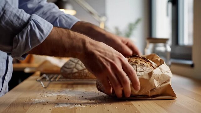 Baker placing fresh sourdough bread into a paper bag in a bakery kitchen