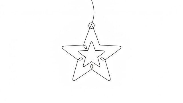 Continuous line of a christmas star ornament, minimalist hand-drawn holiday decoration animation on white background