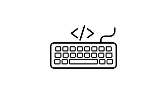 Computer keyboard with code symbol black line icon illustration.