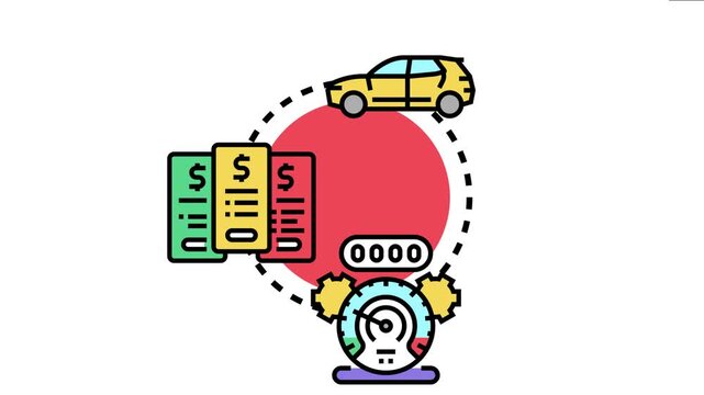 Vehicle usage pricing system calculating costs based on travel distance, featuring a car, payment bills, and an odometer icon