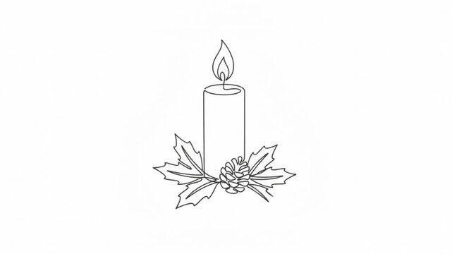 Continuous line of christmas candle with holly and pinecone animation single line