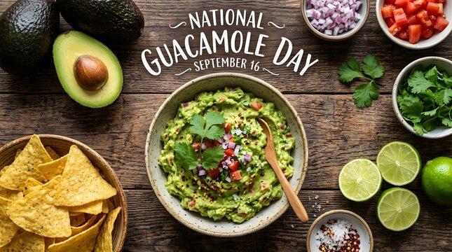 National guacamole day celebration with fresh ingredients on rustic wooden table
