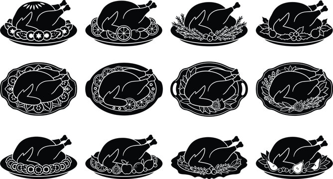Vintage style illustrations of a roasted turkey with vegetables on a platter arranged in a grid pattern