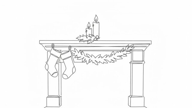 Continuous line of christmas fireplace with stockings and candles animation