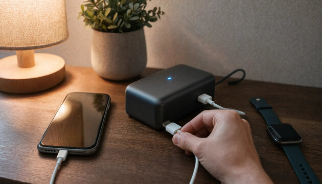 Person plugging a white charging cable into a multi-port power adapter on a wooden desk with usb charging desk lamp charging station multiple ports tech accessory home office plugging