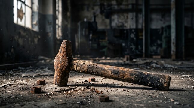 Rusty hammer on dirty floor inside an abandoned industrial building with debris