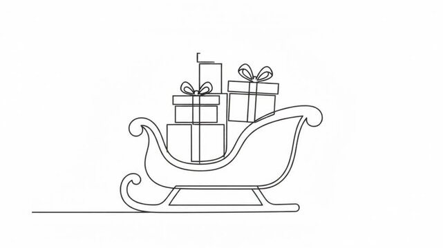 Continuous line of christmas sleigh with gift boxes animation santa gifts presents