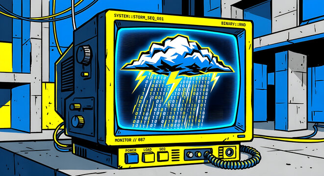 Title
Retro computer displays a digital thunderstorm in bold comic style