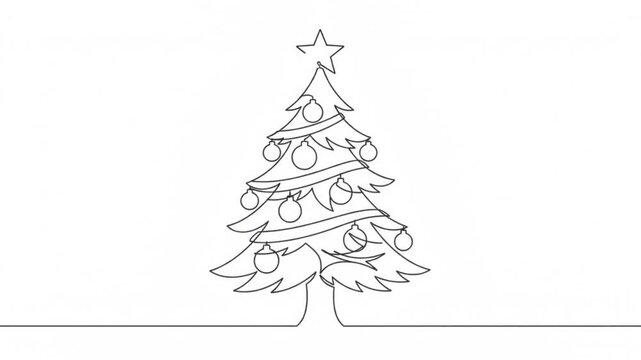 Continuous line of christmas tree with ornaments and star animation