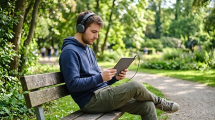 Obraz premium Young man using tablet and headphones on a park bench outdoors